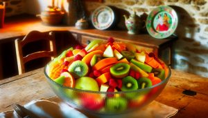 Un assortiment coloré de fruits frais coupés en morceaux, disposés de manière artistique dans un grand bol en verre.