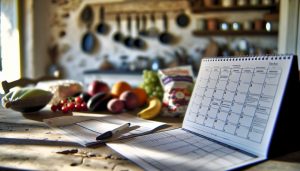 Un calendrier mensuel sur une table avec des listes de courses et des aliments frais tout autour.