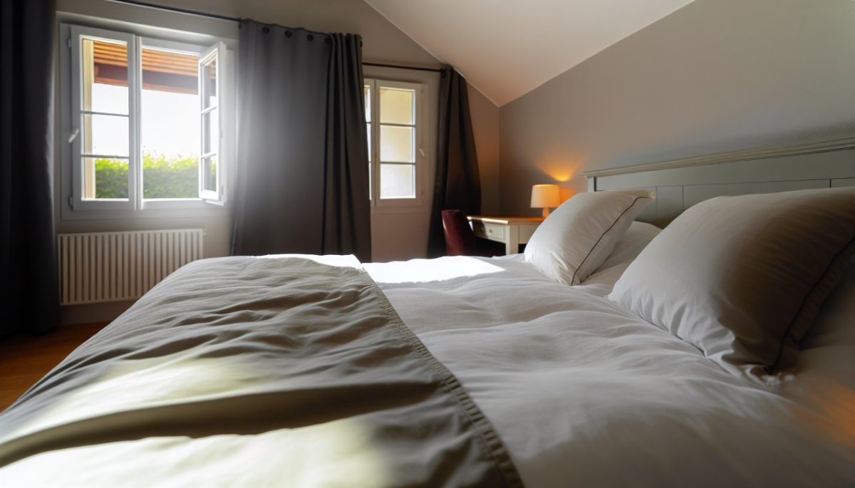 Une chambre cosy avec un lit bien fait, une fenêtre ouverte laissant entrer la lumière du jour et une légère brise.