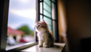 Un chaton regardant par la fenêtre avec curiosité.