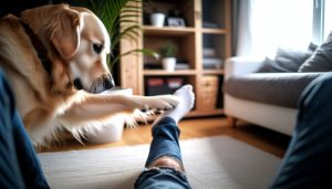 Un chien posant sa patte sur la jambe de son maître qui est assis.