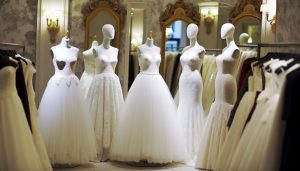 Cinq robes de mariée différentes, disposées côte à côte sur des mannequins.