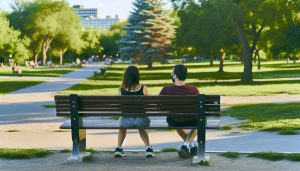 Un couple se tenant à chaque extrémité d'un banc, regardant dans des directions opposées.