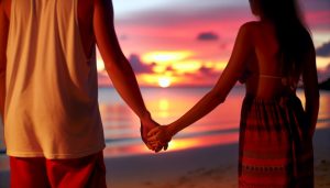 Un couple se tenant la main en regardant le coucher du soleil.