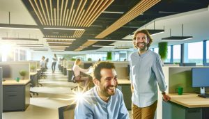 Des employés souriants et détendus dans un bureau moderne et bien aménagé.
