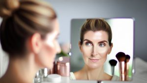 Une femme devant un miroir avec un maquillage impeccable et sans imperfections.