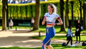 Une femme en tenue de sport, en train de courir dans un parc.