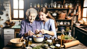 Une grand-mère préparant un mélange naturel dans un bol avec des ingrédients comme des huiles et des herbes, avec une jeune femme aux cheveux longs à ses côtés.