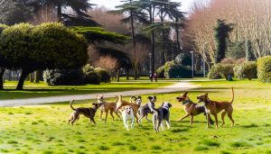 Un groupe de chiens de différentes races jouant joyeusement ensemble dans un parc.