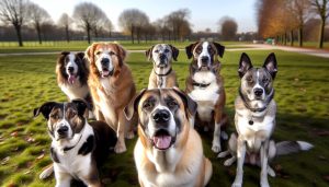 Un groupe de chiens de différentes races, regardant directement l'objectif.
