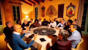 Un groupe de personnes en train de discuter animément autour d'une table avec des symboles astrologiques visibles.