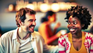 Un homme et une femme en train de sourire et de se regarder intensément dans un café.