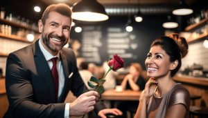 Un homme offrant une rose à une femme en souriant.