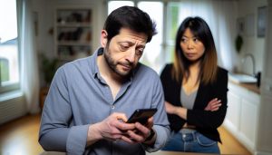 Un homme regardant son téléphone avec une expression coupable pendant que sa partenaire le regarde en arrière-plan.