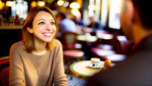 Une jeune femme souriante en train d'écouter attentivement son interlocuteur dans un café.