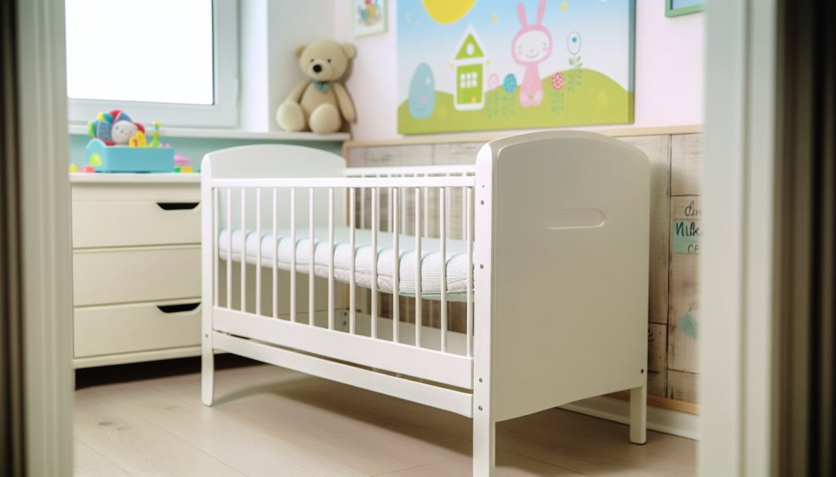 Un lit de bébé avec des barreaux amovibles dans une chambre d'enfant joliment décorée.