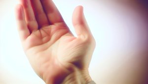 Une main féminine grattant la paume de sa main avec ses doigts.