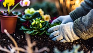 Des mains gantées plantant différentes espèces de fleurs dans un jardin en février.