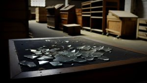 Des morceaux de verre cassé étalés sur une table.