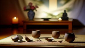 Des objets cassés, comme une tasse ou un vase, disposés sur une table avec un fond d'ambiance zen et spirituel.