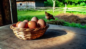 Des œufs frais dans un panier, avec une poule en arrière-plan.