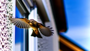 Un oiseau en vol qui se dirige vers une vitre de maison.