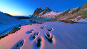 Un paysage montagneux au lever du soleil, avec des empreintes d'animal dans la neige.