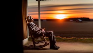 Une personne âgée assise paisiblement sur une chaise à bascule, regardant le coucher du soleil.