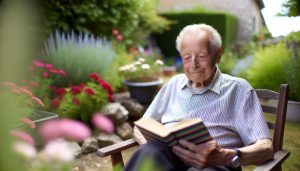 Une personne âgée, assise calmement dans un jardin, lisant un livre.