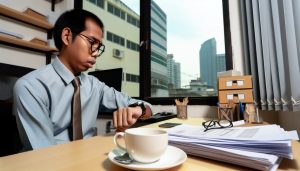 Une personne en tenue de travail, regardant une montre, avec une tasse de café à la main et des documents éparpillés sur le bureau, symbolisant le sacrifice du temps et du repos pour le travail.