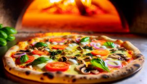 Une pizza garnie de divers ingrédients frais et colorés comme du fromage, des tomates, des champignons et du basilic.