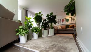 Cinq plantes d'intérieur luxuriantes disposées élégamment dans un salon bien décoré.