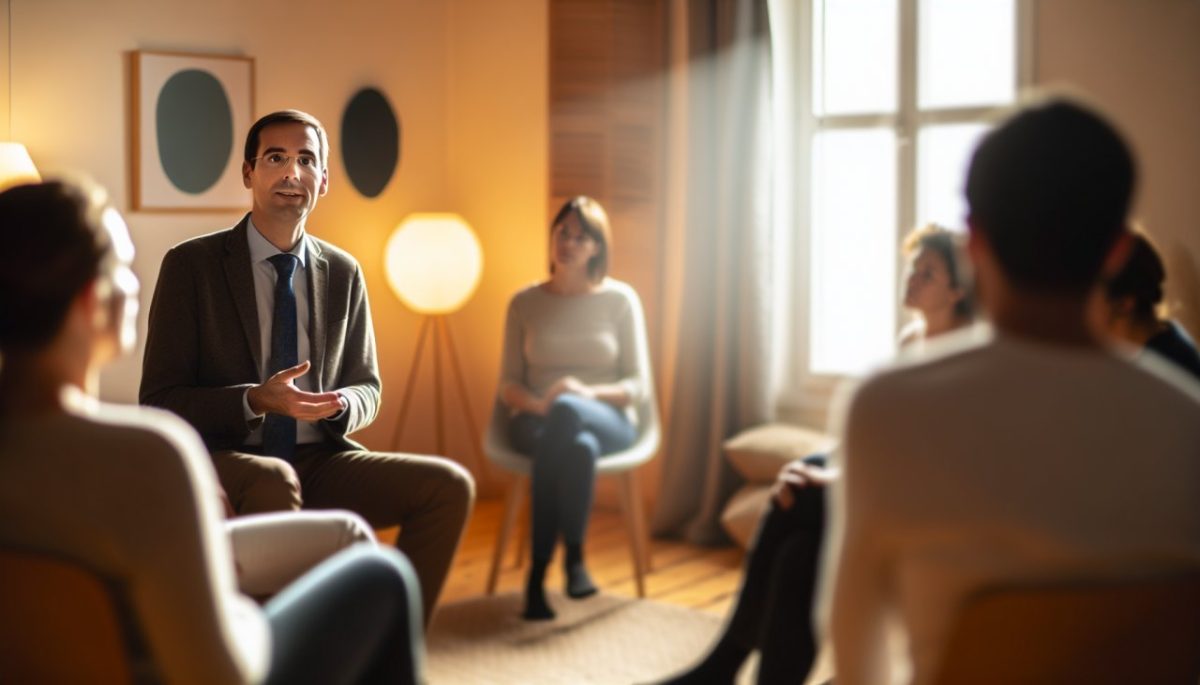 Un psychologue professionnel en train de parler à un groupe de personnes assis en cercle lors d'une session de thérapie de groupe.