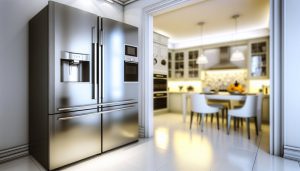 Un réfrigérateur moderne et élégant placé dans une cuisine bien équipée et lumineuse.