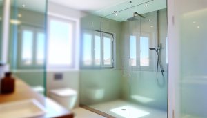 Une salle de bain moderne et lumineuse avec une grande douche vitrée.