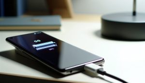 Un smartphone branché à un chargeur avec le pourcentage de batterie affiché à l'écran montrant une faible charge.