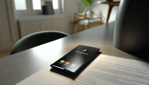 Un smartphone posé sur une table avec l'écran affichant un appel entrant.