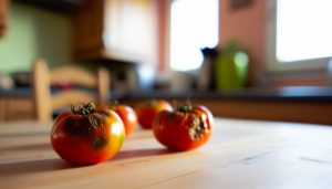 Des tomates trop mûres posées sur une table de cuisine.