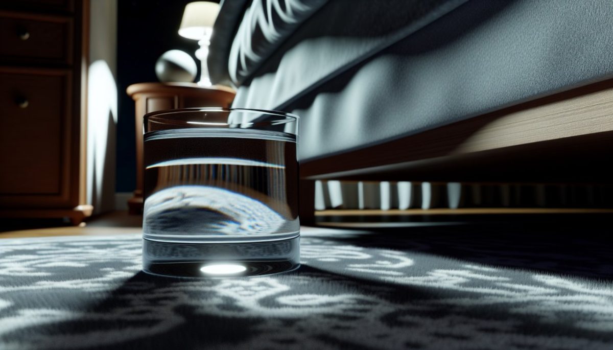 Un verre d'eau placé soigneusement sous un lit dans une chambre à coucher durant la nuit.