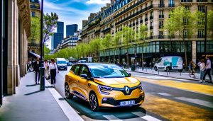 La nouvelle Renault 5 électrique stationnée dans une rue animée de la ville.
