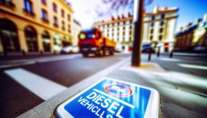 Un panneau de signalisation indiquant l'interdiction de circulation pour les véhicules diesel dans une rue de ville française.